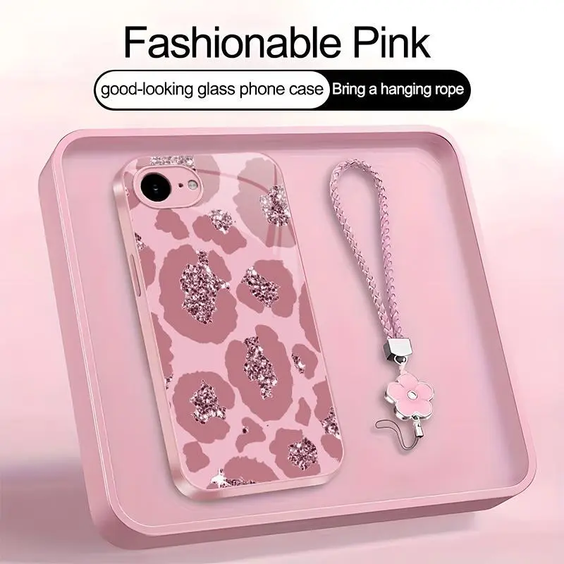 Y2K Pink Leopard Faux Glitter Art Phone Case, Suitable for [iPhone 16e] high-end women's, Lanyard a beautiful four-leaf clover lanyard is included🍀 952
