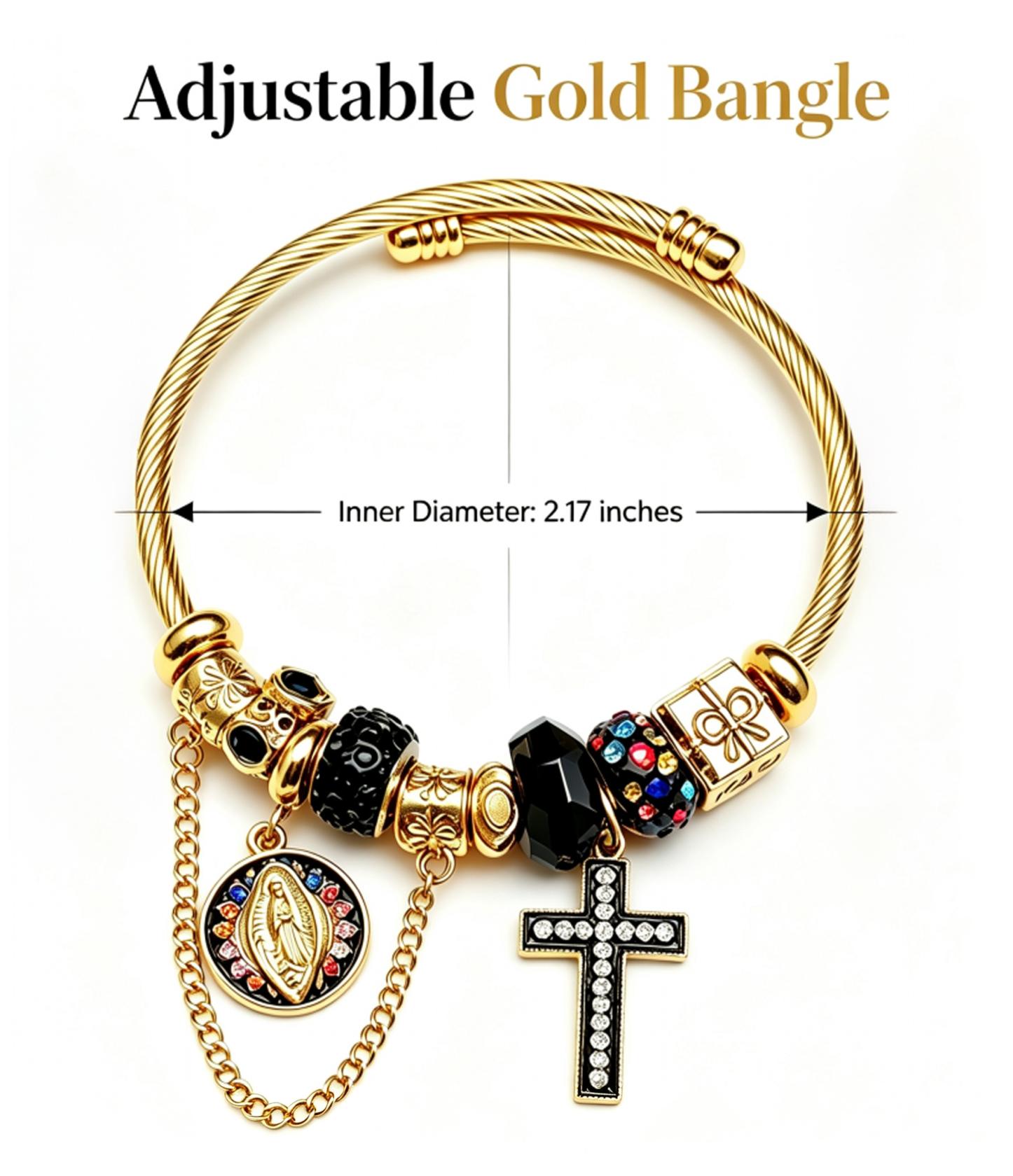 Adjustable Gold-Tone Cable Wire Bangle Bracelet, Virgin Mary Medal & Black Cross Charms Beaded Bracelet, Religious Jewelry Gift for Women
