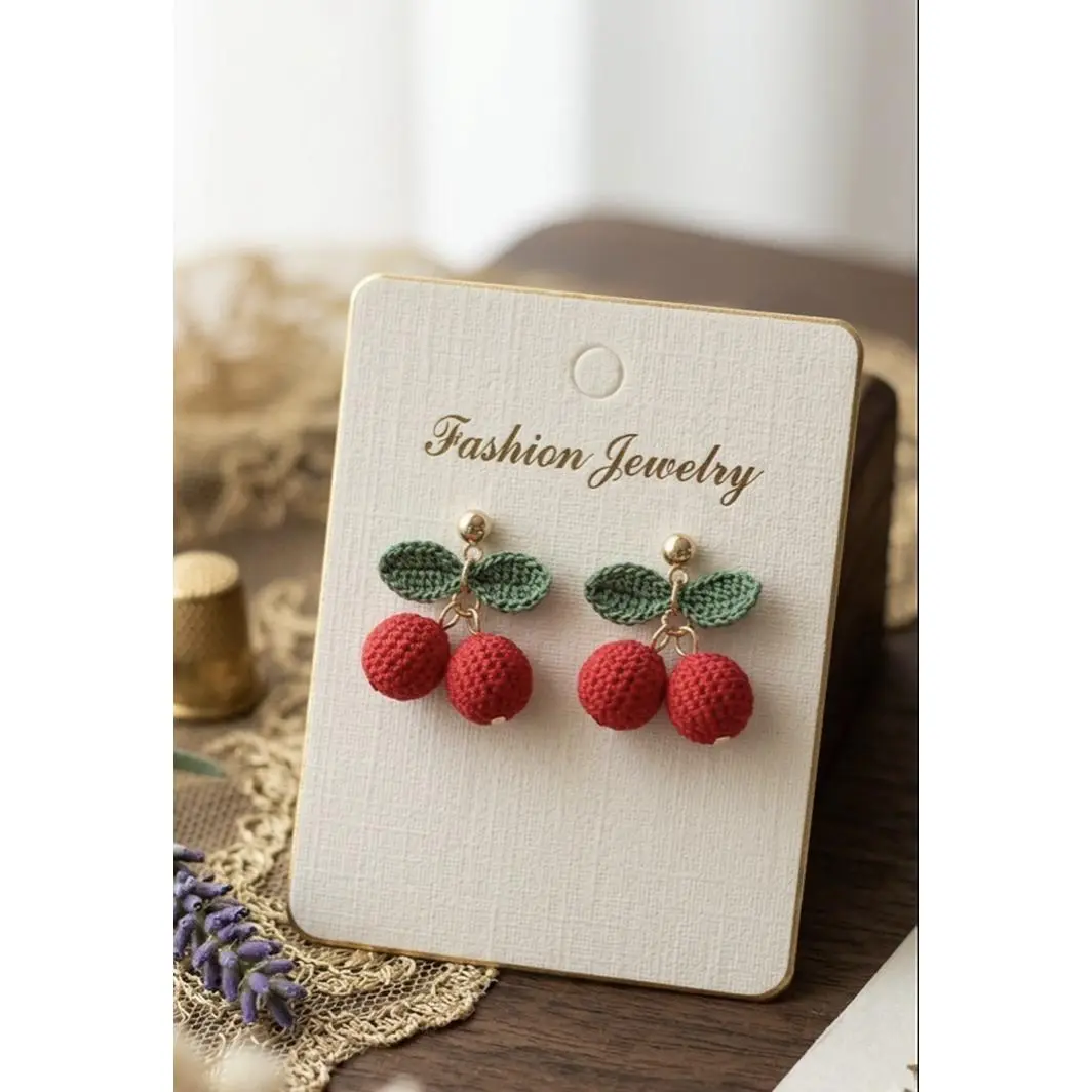 Micro Crochet Cherry Earrings - Fashion Jewelry with Red and Green Leaves, Perfect for Everyday Wear