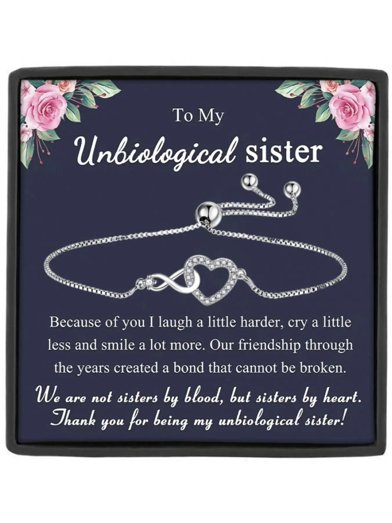 To My Unbiological Sister Adjustable Heart Design Bracelet with Gift Box and Meaningful Card, Perfect Gift for Friends, Ideal Birthday and Christmas Choice, Link Bracelets