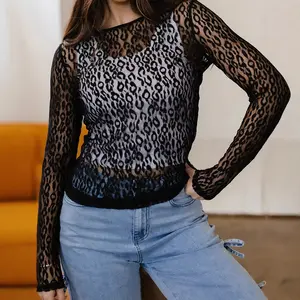 Sexy Leopard Print Sheer Mesh Long Sleeve See-Through Crewneck Tops for Women Cheetah Print Casual Blouses