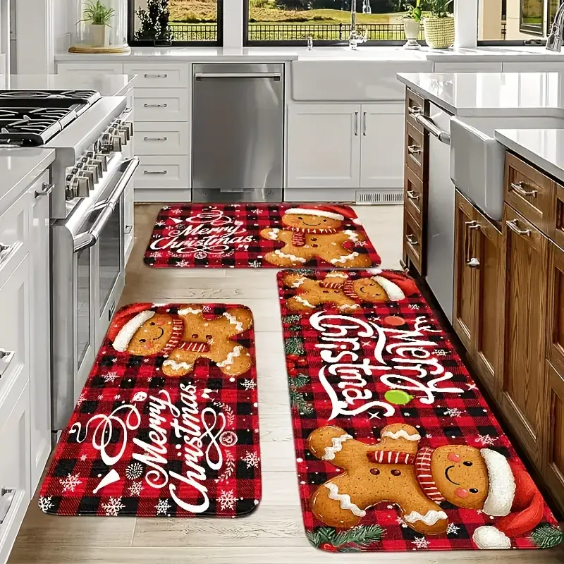 2pcs-3pcs Flannel Kitchen Mats - Gingerbread and Train Pattern, Plaid Flannel Mat, Suitable for Holiday Decorations, Machine Washable, Fits Living Room, Bedroom, Dining Area