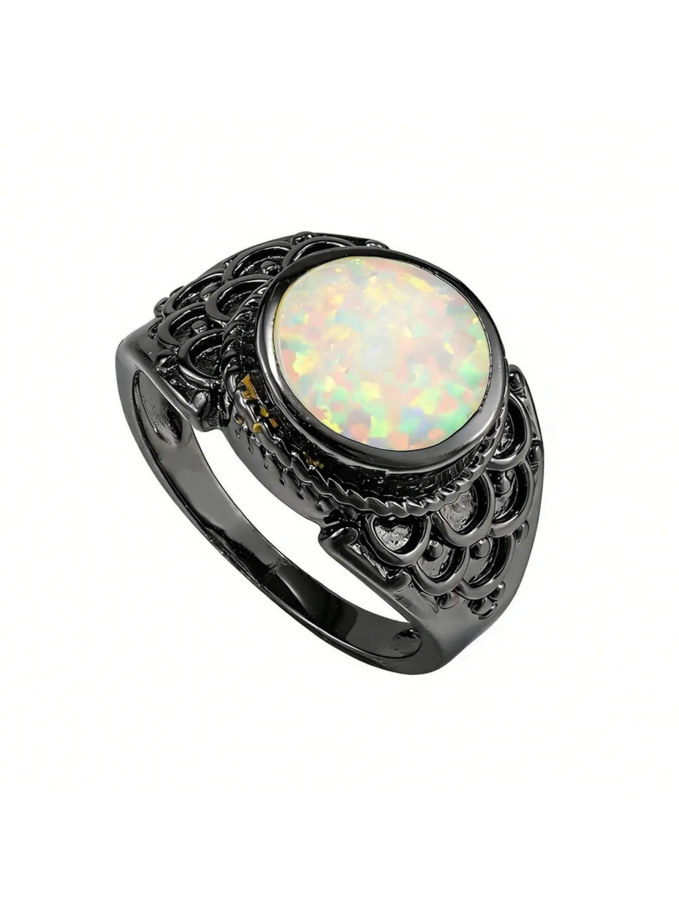 Vintage Romantic Fire Opal Statement Ring for Women Black Tone Vintage Hollow Design Jewelry Exquisite Anniversary Gifts for Her