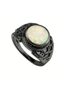 Vintage Romantic Fire Opal Statement Ring for Women Black Tone Vintage Hollow Design Jewelry Exquisite Anniversary Gifts for Her