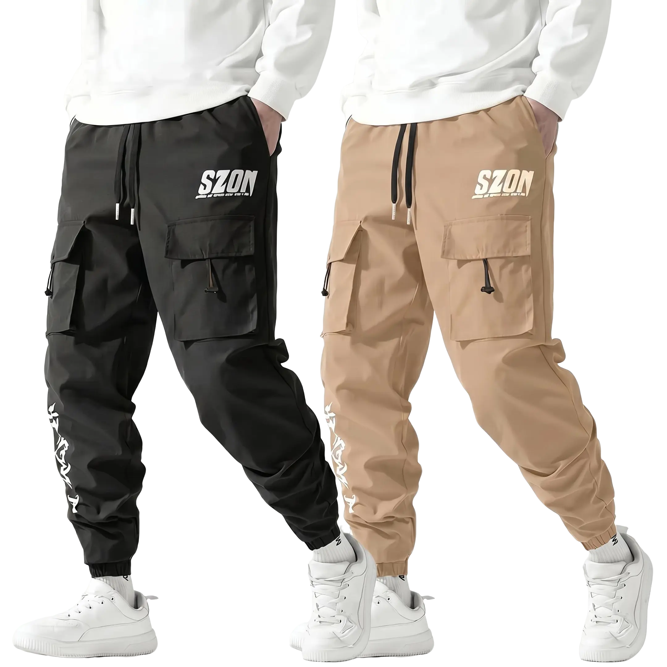 2 Pack Men's Streetwear Cargo Joggers, Graphic Letter Print Pants, Multi Pocket Drawstring Sweatpants, Casual Loose Fit Cargo Pants