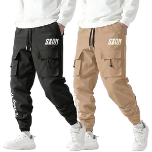 2 Pack Men's Streetwear Cargo Joggers, Graphic Letter Print Pants, Multi Pocket Drawstring Sweatpants, Casual Loose Fit Cargo Pants