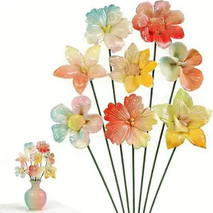 Handmade Ceramic Flowers Set, Glazed Porcelain Artificial Plants, UV Resistant & Waterproof for Outdoor Garden, Whimsical Kitchen Office Decor, 8 Pcs DIY Kit with 1.4in Heads and 8.27in Stems