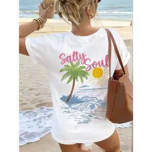 SALTY SOUL Women's Spring/Summer New Coconut Tree & Sunshine Print Casual Round Neck Short Sleeve T-Shirt, Fashion Versatile, Essential Daily & Vacation Wear. Vacation Printed T-Shirt For Women