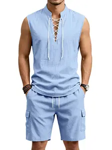2026 Summer Trendy Men's Linen Blend Set, Drawstring Waist, Lightweight Sleeveless Shirt and Shorts, Casual Daily Wear