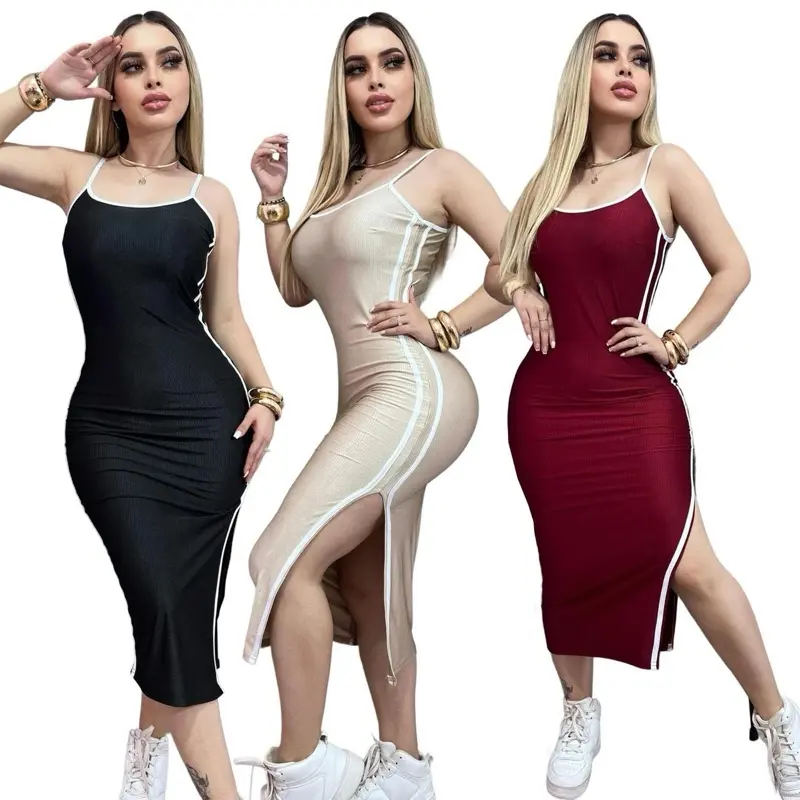 Women’s  Fitted Midi Dress with Side Slit Sleeveless Casual Dress