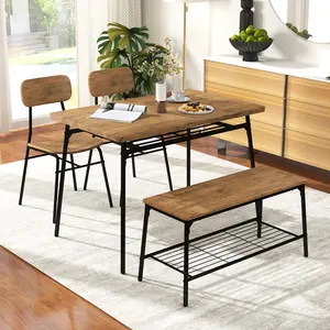 COSTWAY - 4 Piece Dining Table Set for 4 Metal Frame with Bench and 2 Chairs-Brown