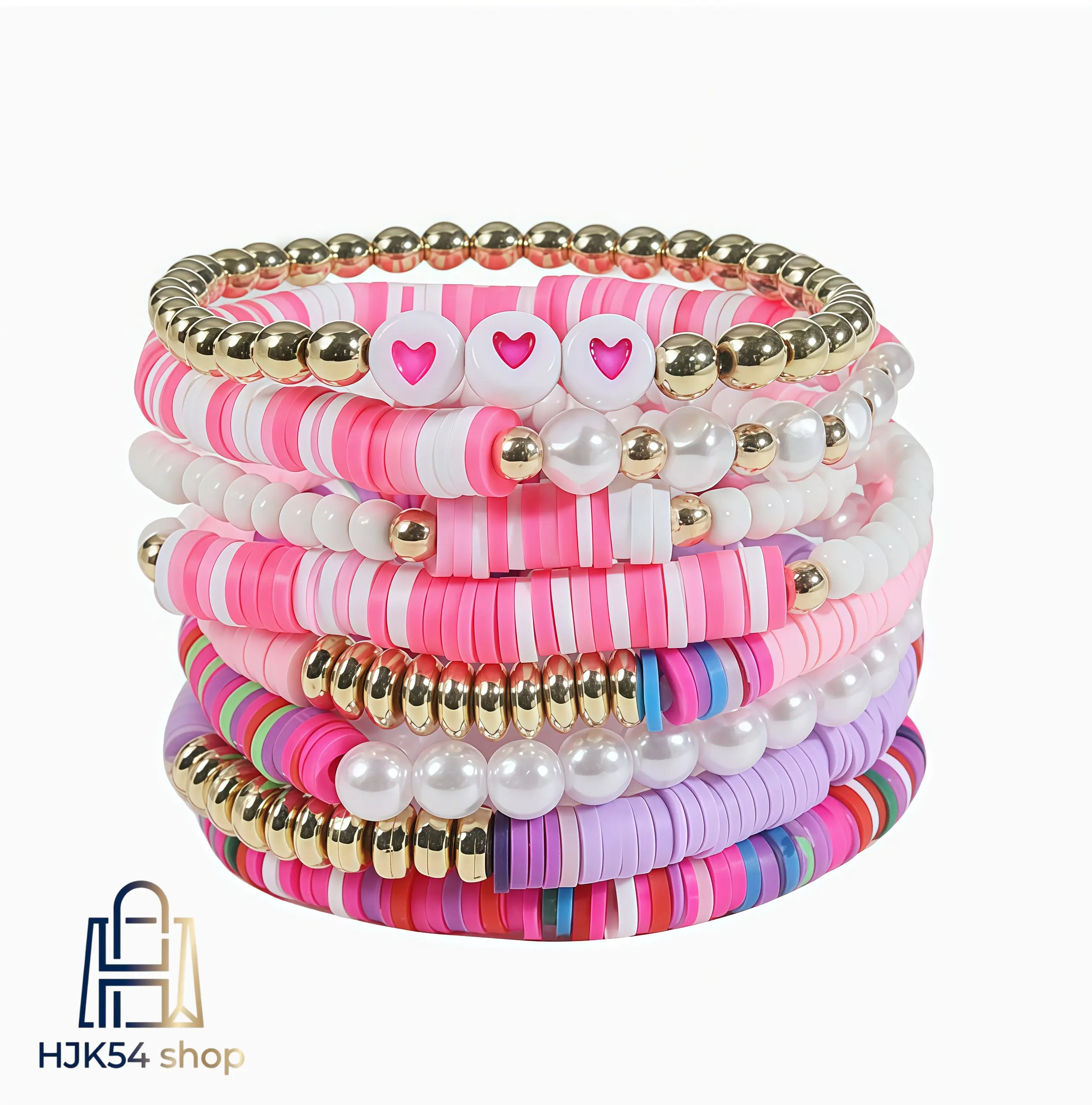 8PCS Preppy Style Heishi Beaded Bracelet Set, Colorful Clay Bead Stackable Bracelets with Heart & Pearl Accents, Elastic Boho Friendship Bracelets for Women & Girls