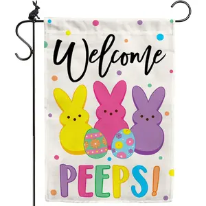 Welcome Bunny Easter Garden Flag 12*18 Inch Double Sided, Easter Outdoor Decoration, Small Happy Parade Garden Flag for Porch and Yard and House, Outdoor Spring Bunny Decoration, Linen Material, No Flagpole