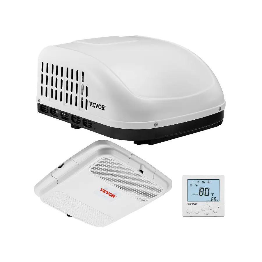 VEVOR 110V 15000 BTU Non-Ducted Rooftop RV Air Conditioner, 65 dB Quiet Cooling Unit, Includes Air Distribution Box, Operation Panel, Installation Kit, for Campers, Trailers, White Vans, 110 V