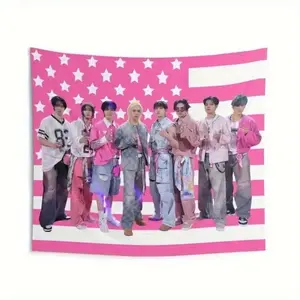 2D Flat, 1pc 2D Printing Stray Members Pink American Flag, Stray Concert Banner, SKZ Kpop Banner, Stray Ate, Skz DominAte, Stray 202 3* in Grommets' Color Random Room Decor Decoration