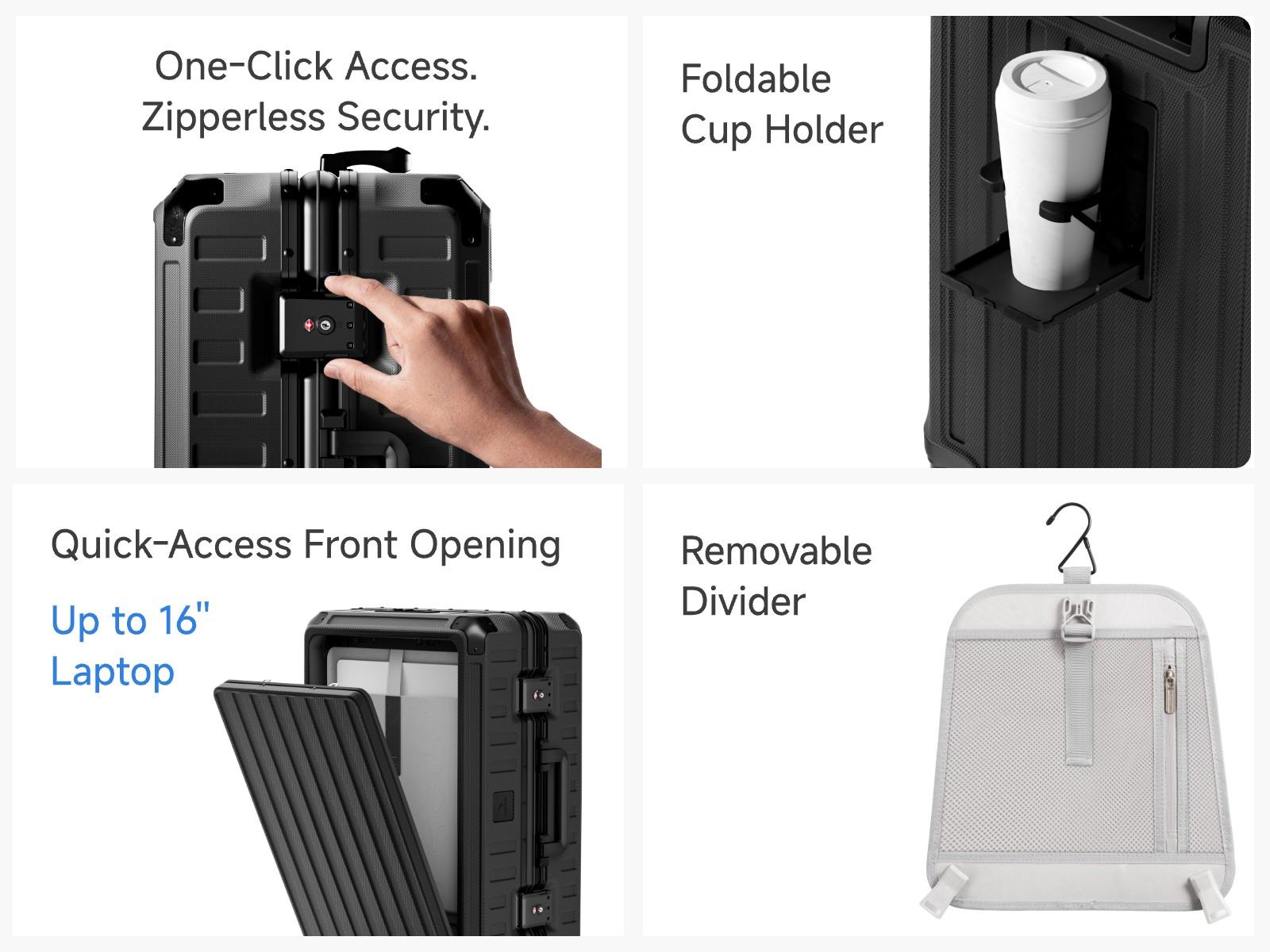 LUGGEX 21 Inch Zipperless Carry On Luggage with Spinner Wheels Aluminum Polycarbonate Hard Shell Front Opening Suitcase TSA Cup Holder 38L Business Travel