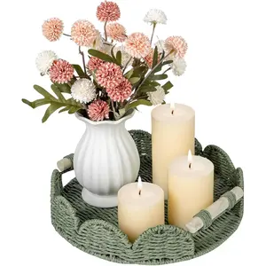 Round Scalloped Decorative Centerpiece Tray for Coffee Table, Home Decor, Living Room - Green Tray w/Wooden Handle – Warm and Elegant for Holidays, Housewarmings - Candle Plate Holder