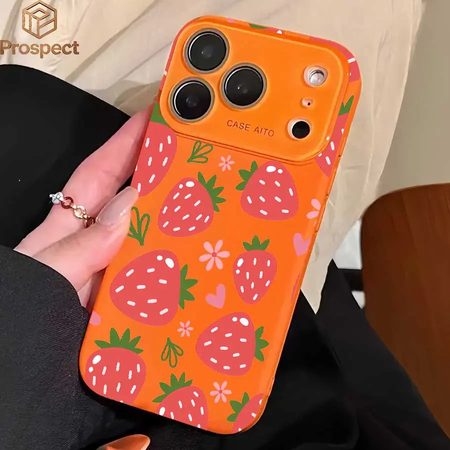 Bright Orange Cartoon Strawberry Floral Heart Phone Case Compatible With For Iphone17 ProMax, 16, 15, 14 And 13. It Makes A Perfect Gift For Birthdays, Holidays,