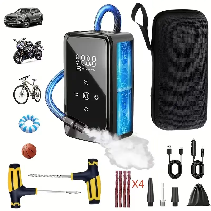 【toolupgrade】Tire Inflator Portable Air Compressor, Tire Puncture Rubber Repair Plugs with Professional Tools, with Digital Pressure Gauge Inflater 150PSI, 3X Fast Inflation Auto Shutoff Tires Pump for Cars Motors Bikes Balls - Tire repair kits!