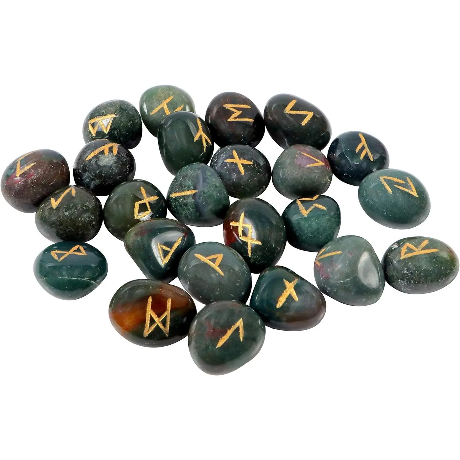 Bloodstone Rune Set Elder Futhark 25 Stones — Gold Lettering Crystal Runes Bloodstone Rune Set Elder Futhark 25 Stones — Gold Lettering Crystal Runes