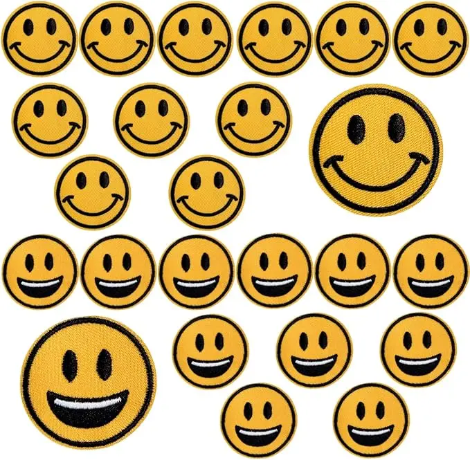 24pcs 1.8in Smile Face Sew/Iron on Patch Yellow Smile Face Repair Patches Cute Face Applique DIY Craft Accessories Clothes Embroidered Patches Vintage Patches for Jeans Bags Clothing Dress Hat Jacket