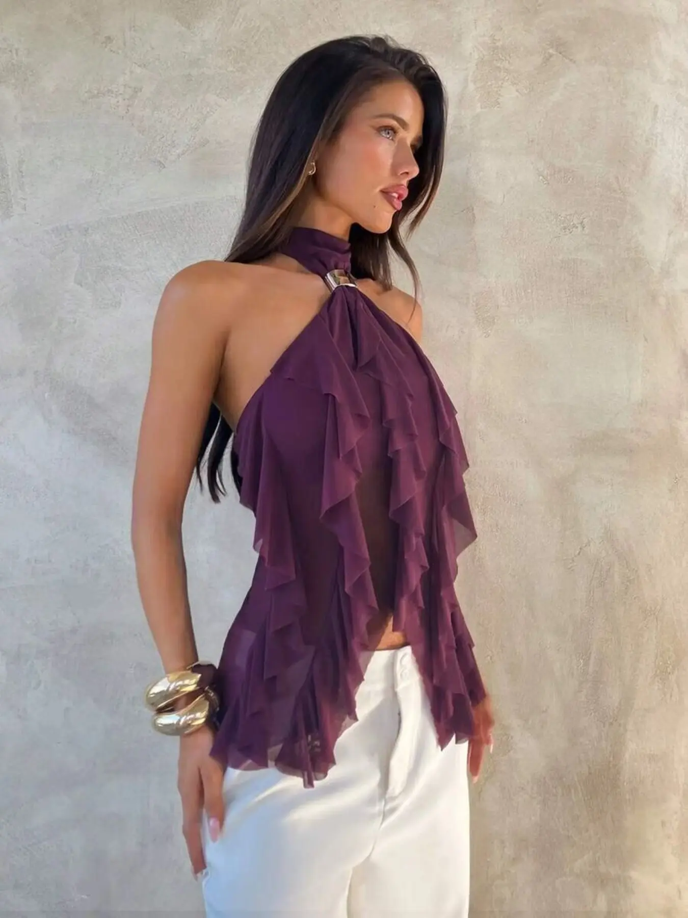 Women's Elegant Beautiful Sleeveless Multi-Layer Ruffle Stand Collar Tight Fitted Backless Halter Neck Design Vest Top, Show Figure, Elegance, Fashion, Sexiness