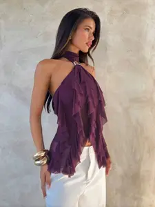 Women's Elegant Multi-Layer Ruffle Ruched Halter Neck Stand Collar Tight Sleeveless Vest Top, Show Figure, Elegance, Fashion, Sexiness, Womenswear
