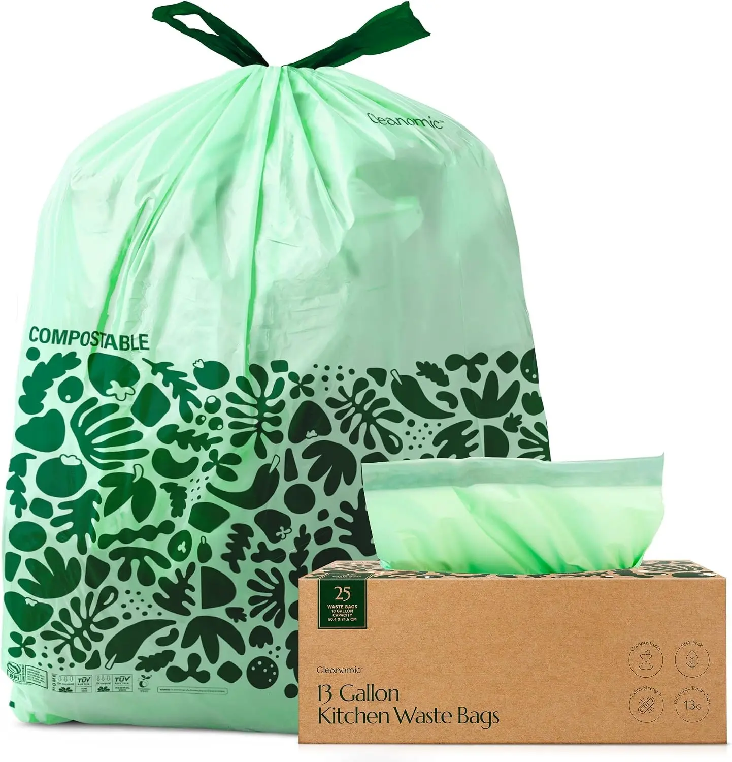 Compostable Trash Bags with Drawstring (13 Gallon, 25 Units, Tall), BPI Certified For Kitchen Compost