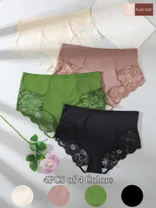 4 Pcs Plus Size Womenswear High Waist Fitted Lace Panties, Elegance Colorblock Rose Lace Trim, Tummy Control Butt Lifting Breathable Triangle Underwear, Sexy Shaping Bra
