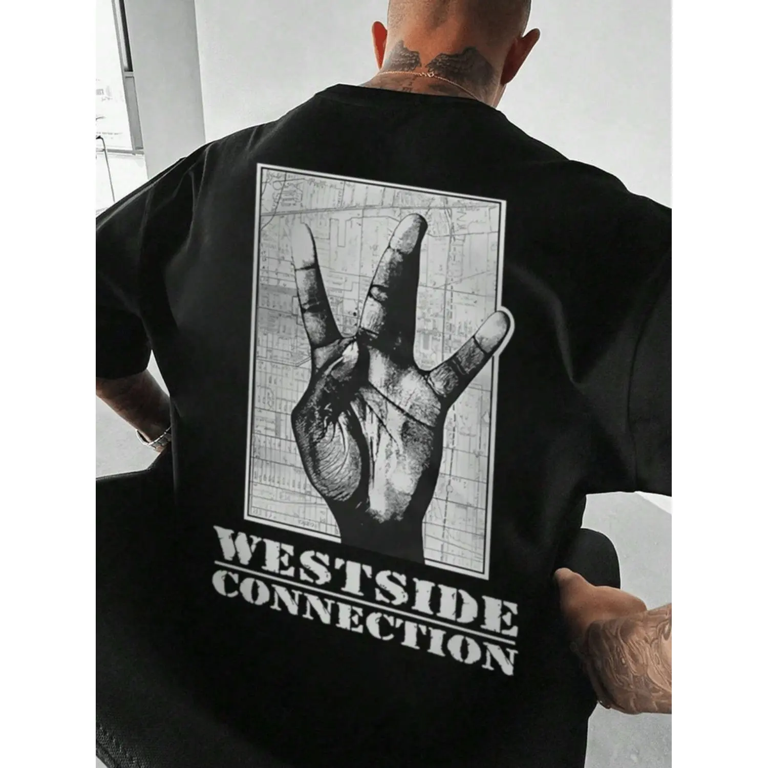 Mens Westside Connection Graphic T-Shirt Casual Black Short Sleeve Crewneck with Bold Geometric Print Loose Fit for Summer Streetwear Leisure Wear Bold Print Top Comfortable Fit