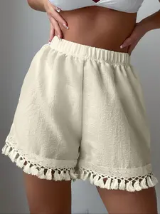 Women's Solid Color Fringe Trim Cover Up Shorts, Casual Breathable Cover Up Shorts for Beach Holiday Vacation, Ladies Swimwear for All Seasons, Casual Loose Short