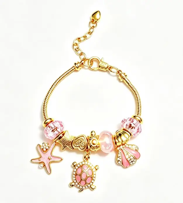 Pink Ocean Turtle Starfish Shell Charm Bracelet, Shiny Gold Adjustable Snake Chain Bangle with Pink Crystal Beads, Dainty Beach Holiday Jewelry Gift for Women Girls