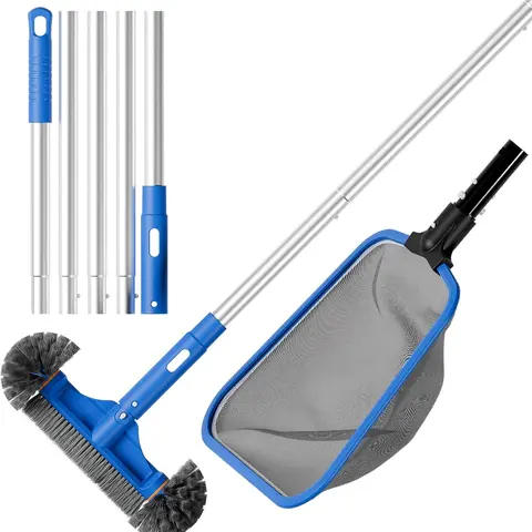 Sepetrel Adjustable Aluminum Swimming Pool Cleaner Full Set - 70" Weighted Steady Pole, Fine Mesh Leaf Skimmer Net, 12" Cornerside Scrub Brush, Corrosion-Resist, Snap-On Quick Adjust, High-Temp Durable, Above Ground Pool & Spa Accessories