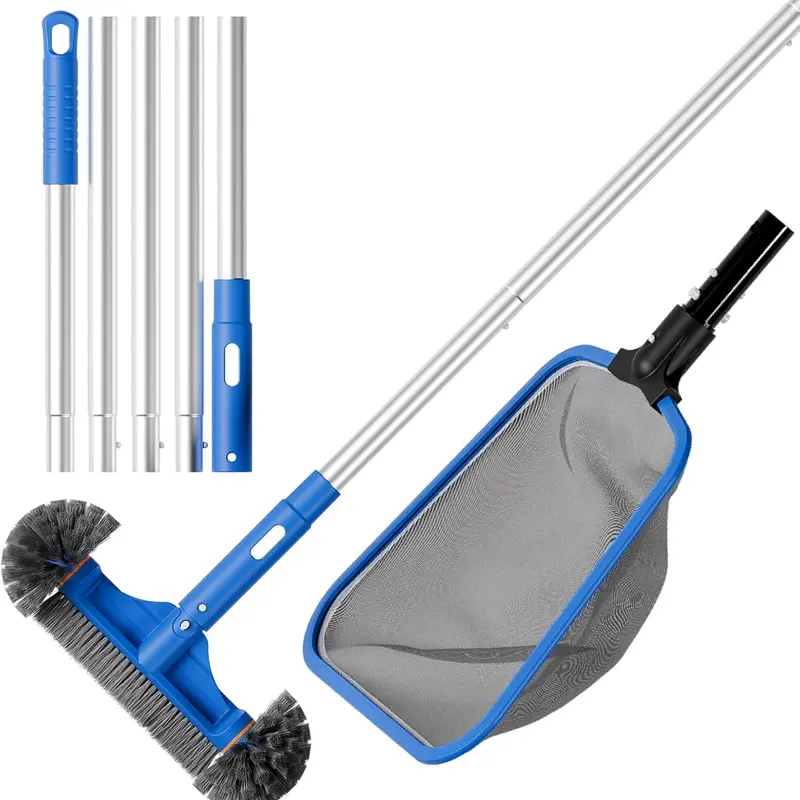 Sepetrel Adjustable Aluminum Swimming Pool Cleaner Full Set - 70" Weighted Steady Pole, Fine Mesh Leaf Skimmer Net, 12" Cornerside Scrub Brush, Corrosion-Resist, Snap-On Quick Adjust, High-Temp Durable, Above Ground Pool & Spa Accessories