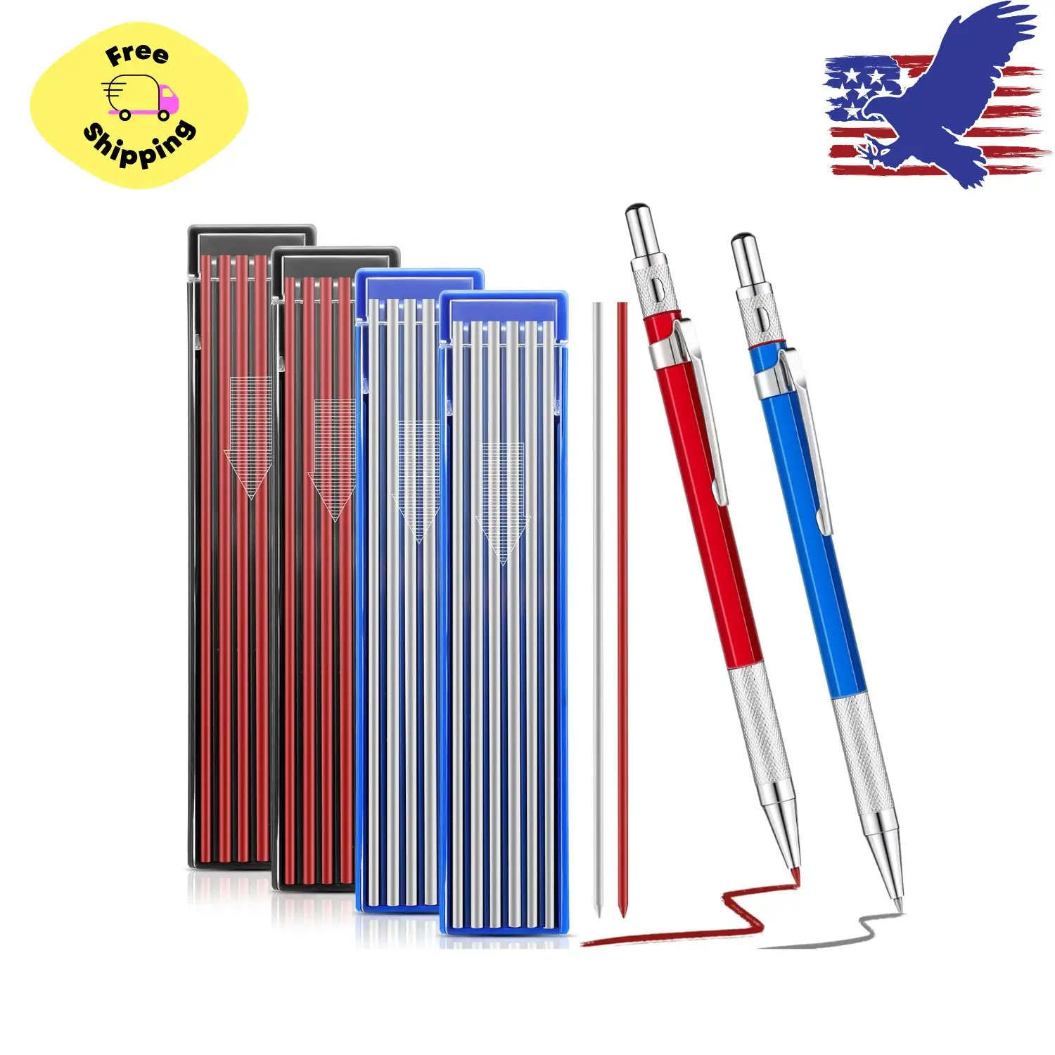 2 Pcs Welders Pencil with 48 PCS Round Refills Mechanical Pencils (Red, Silver)