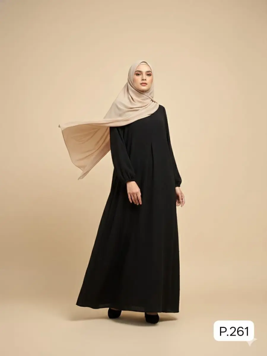 Front zipper Long abaya of Italian crepe with Swiss dot texture modest Islamic black colour (one size)