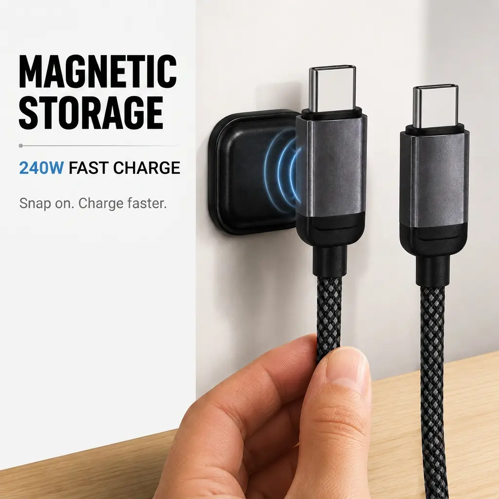 240W USB C to USB C Cable Fast Charging Braided Charger Cord Magnetic for easy storage for iPhone 15 16 17 Pro Max for Samsung Galaxy S25 Ultra S25 S24 S23+ for Galaxy Z Fold 6 7 for Moto
