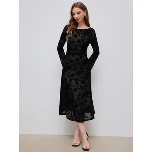 Cider Mesh Boat Neck Floral Ruched Long Sleeve Maxi Dress