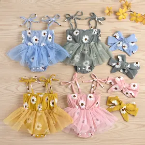 Newborn Infant Baby Girl Summer Outfits Set Sleeveless Flower Daisy Romper Bodysuit Skirt Headband 2Pcs Jumpsuit Clothes Set