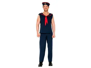 Music Legs 76637-NAVY-RED-L 3 Piece Navy Sleeveless Shirt with Sailor Collar & Matching Pants, Navy & Red - Large