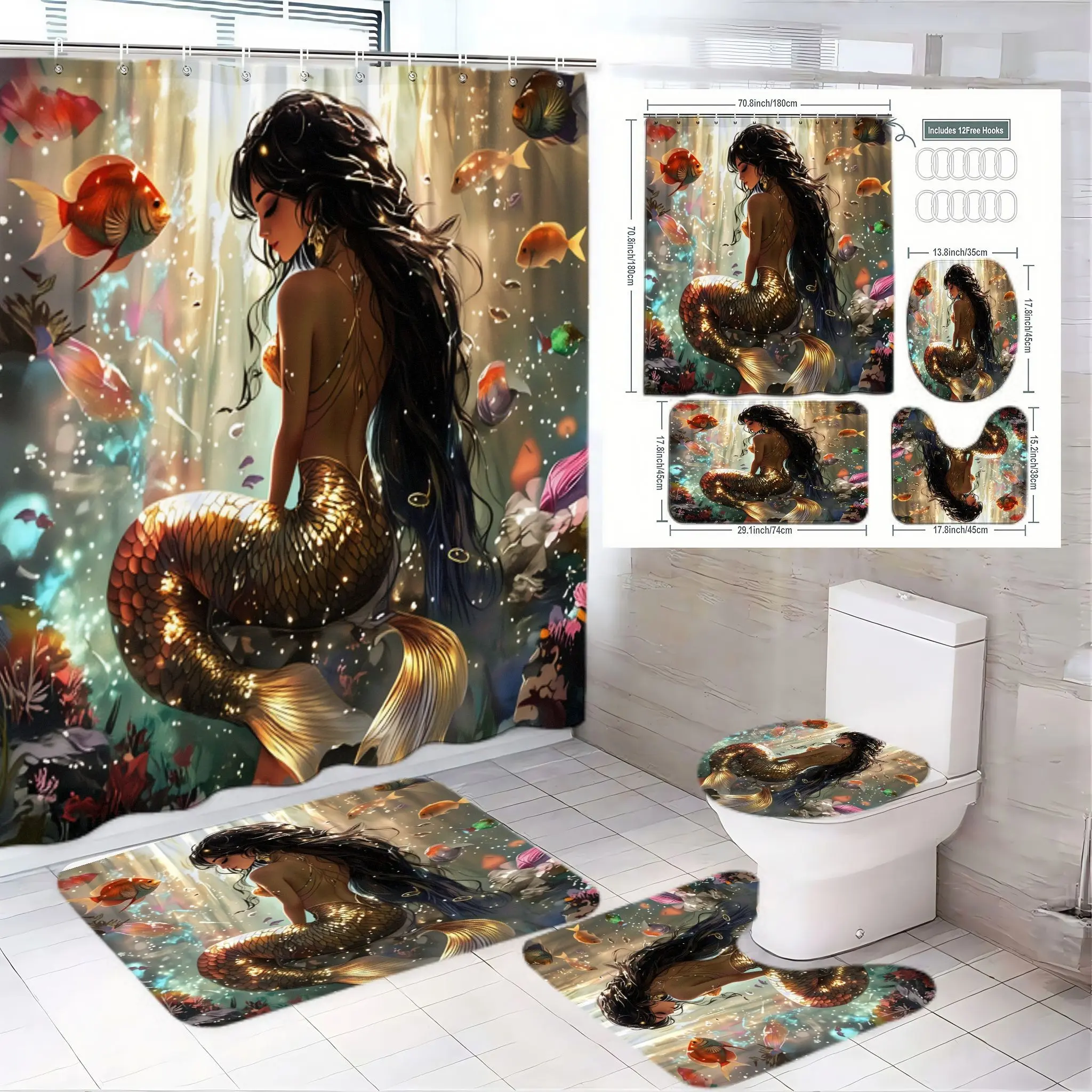 4pcs Underwater Mermaid Bathroom Set with Elegant Golden Tail Shower Curtain, Matching Toilet Seat Cover & Bath Mats, Ocean Scene with Colorful Fish and Sunlit Water Ambiance, Perfect for Magical Holiday Bathroom Decor