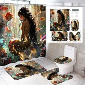 4pcs Underwater Mermaid Bathroom Set with Elegant Golden Tail Shower Curtain, Matching Toilet Seat Cover & Bath Mats, Ocean Scene with Colorful Fish and Sunlit Water Ambiance, Perfect for Magical Holiday Bathroom Decor
