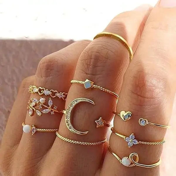 Virelyn Gold Stackable Rings for Women Stocking Stuffers for Teen Girls Trendy Cute Rings Boho Moon Star Butterfly Knuckle Ring Set Dainty Gold Rings Pack Teen Girl Christmas Gifts Jewelry Gifts