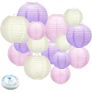 15Pcs Paper Lanterns Decorative, Pink Purple White Hanging Lantern for Mermaid Theme Girl Birthday Party Baby Showers Party Decorations