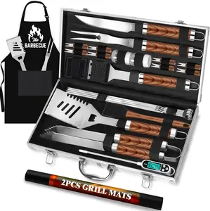 ROMANTICIST 26Pcs Grilling Gifts for Men, Dad Gifts for Father'S Day, Stainless Steel BBQ Grill Accessories Tools Set, Heavy Duty BBQ Utensils Kit with Apron, Thermometer, Mats in Aluminum Case Brown Pontual