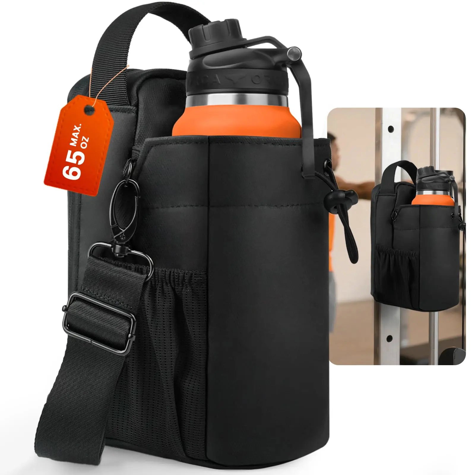 Magnetic Gym Bag Super Strong N45 Magnetic Water Bottle Carrier Holder with Adjustable Shoulder Strap & Phone Pockets Max Fits 65 OZ Waterproof CrossBody for Men Women