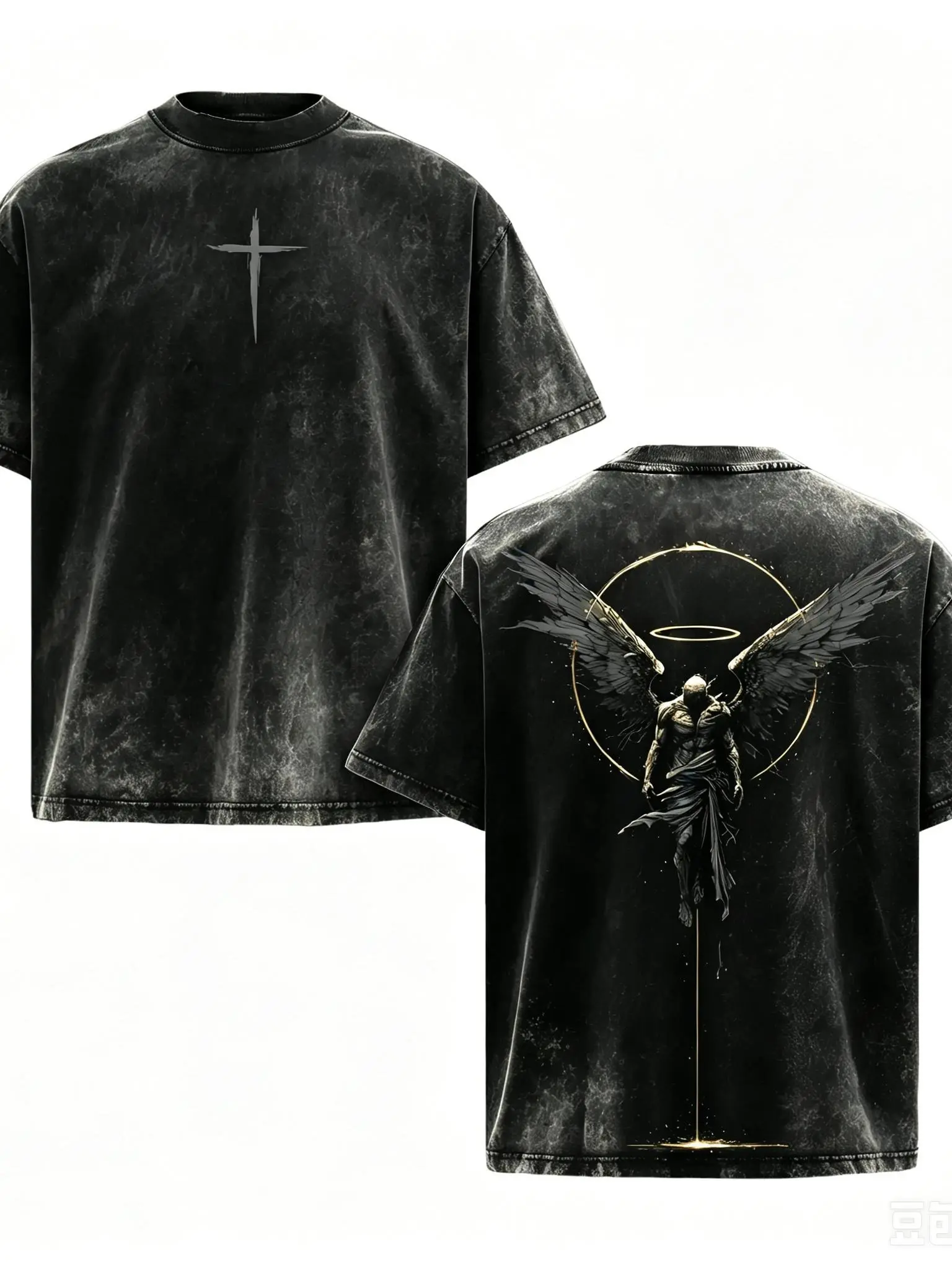 [BT] Washed Black Fallen Angel Cross Front Back Print Oversized Gothic Streetwear, repent T-Shirt, Heavyweight Washed Cotton Oversize Unisex Shirt, Double Side Patterned Streetwear, Y2K Aesthetic grunge streetwear