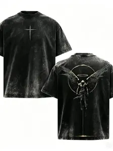 [BT] Washed Black Fallen Angel Cross Front Back Print Oversized Gothic Streetwear, repent T-Shirt, Heavyweight Washed Cotton Oversize Unisex Shirt, Double Side Patterned Streetwear, Y2K Aesthetic grunge streetwear