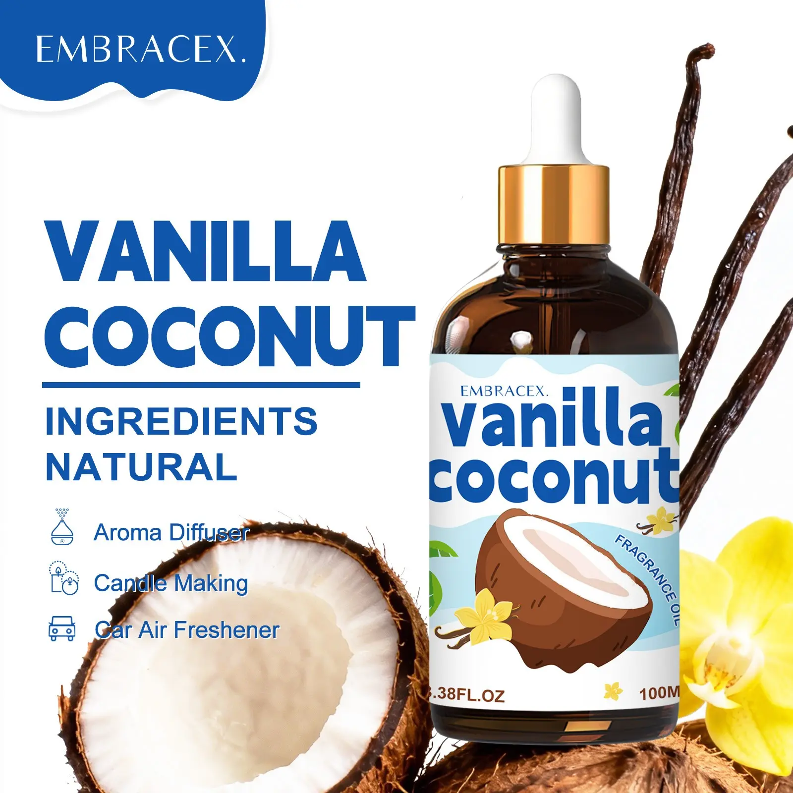100ML Vanilla Coconut Scented Essential Oils, Food Grade Fragrance Oil, Home Fragrance Oil, Aroma Diffuser Oil, Humidifier Diffuser, DIY Soap Candle Bath Car Air Freshener