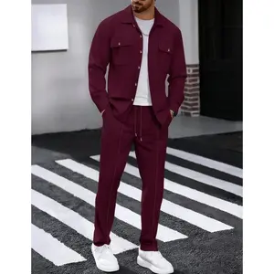 Autumn New Waffle-Pattern Long-Sleeve Pants Two-Piece Solid-Color Double-Pocket Button-Front Wool Sweater Set